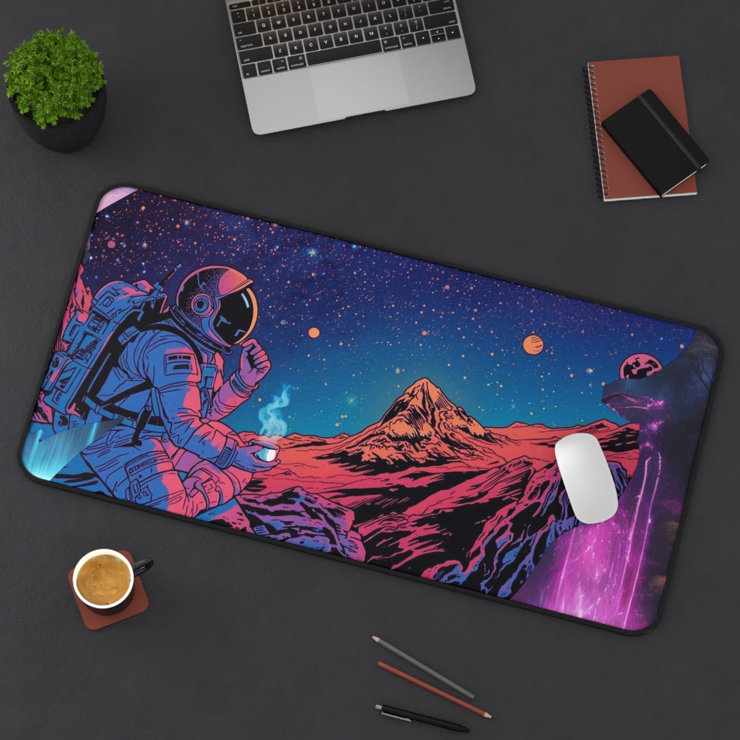 Cosmic Astronaut Desk Mat — Neon Space Landscape Mouse Pad