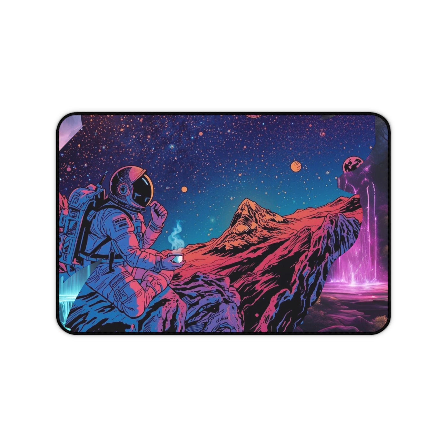Cosmic Astronaut Desk Mat — Neon Space Landscape Mouse Pad