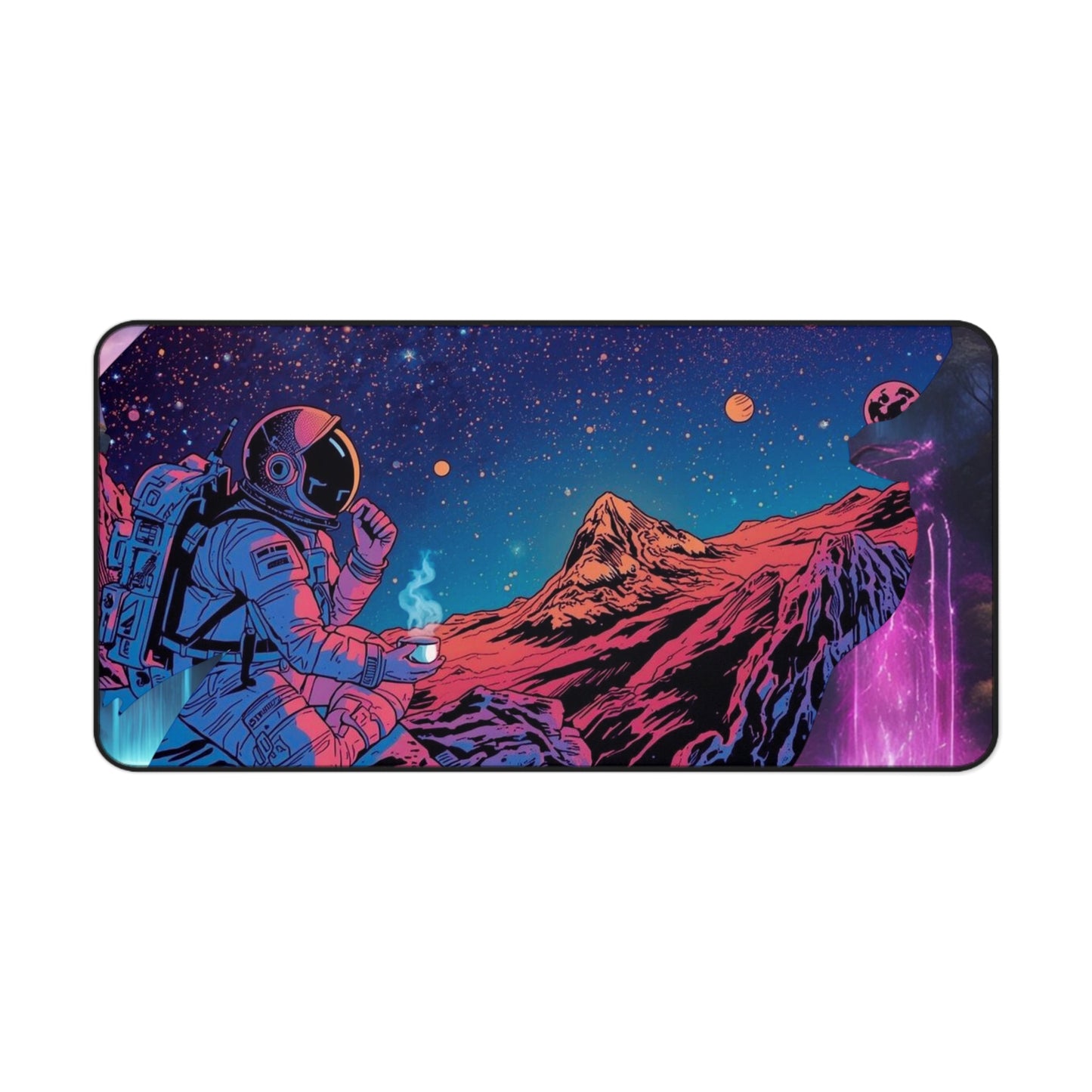 Cosmic Astronaut Desk Mat — Neon Space Landscape Mouse Pad