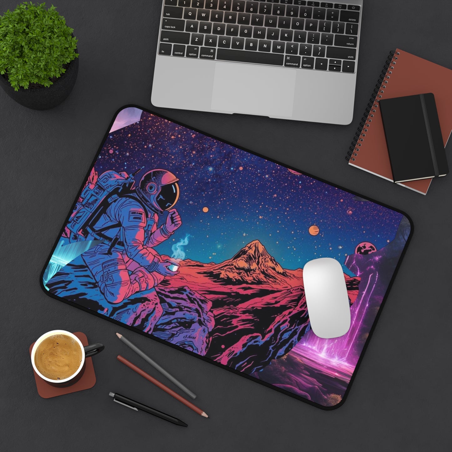Cosmic Astronaut Desk Mat — Neon Space Landscape Mouse Pad