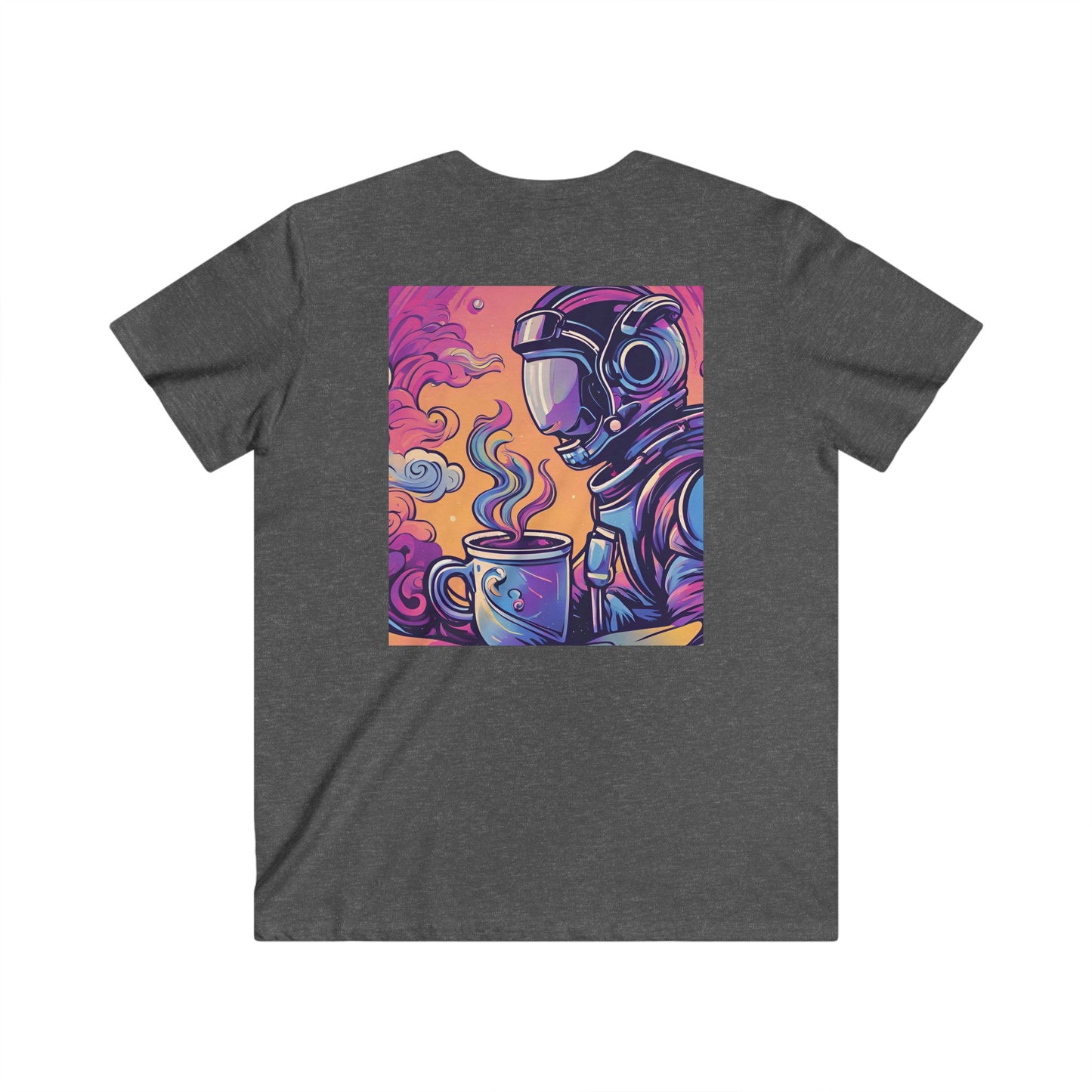 Astronaut Coffee Tee — Retro Cosmic Space Helmet V-Neck Shirt