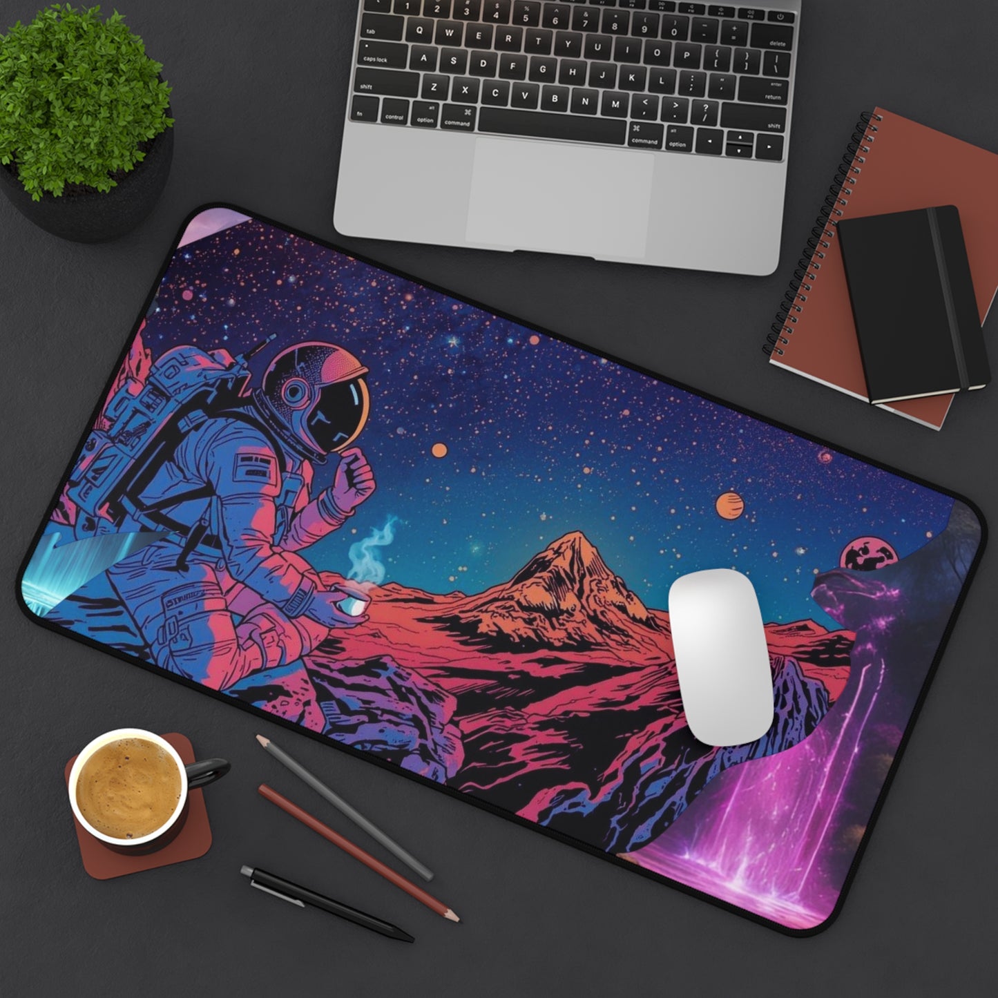 Cosmic Astronaut Desk Mat — Neon Space Landscape Mouse Pad