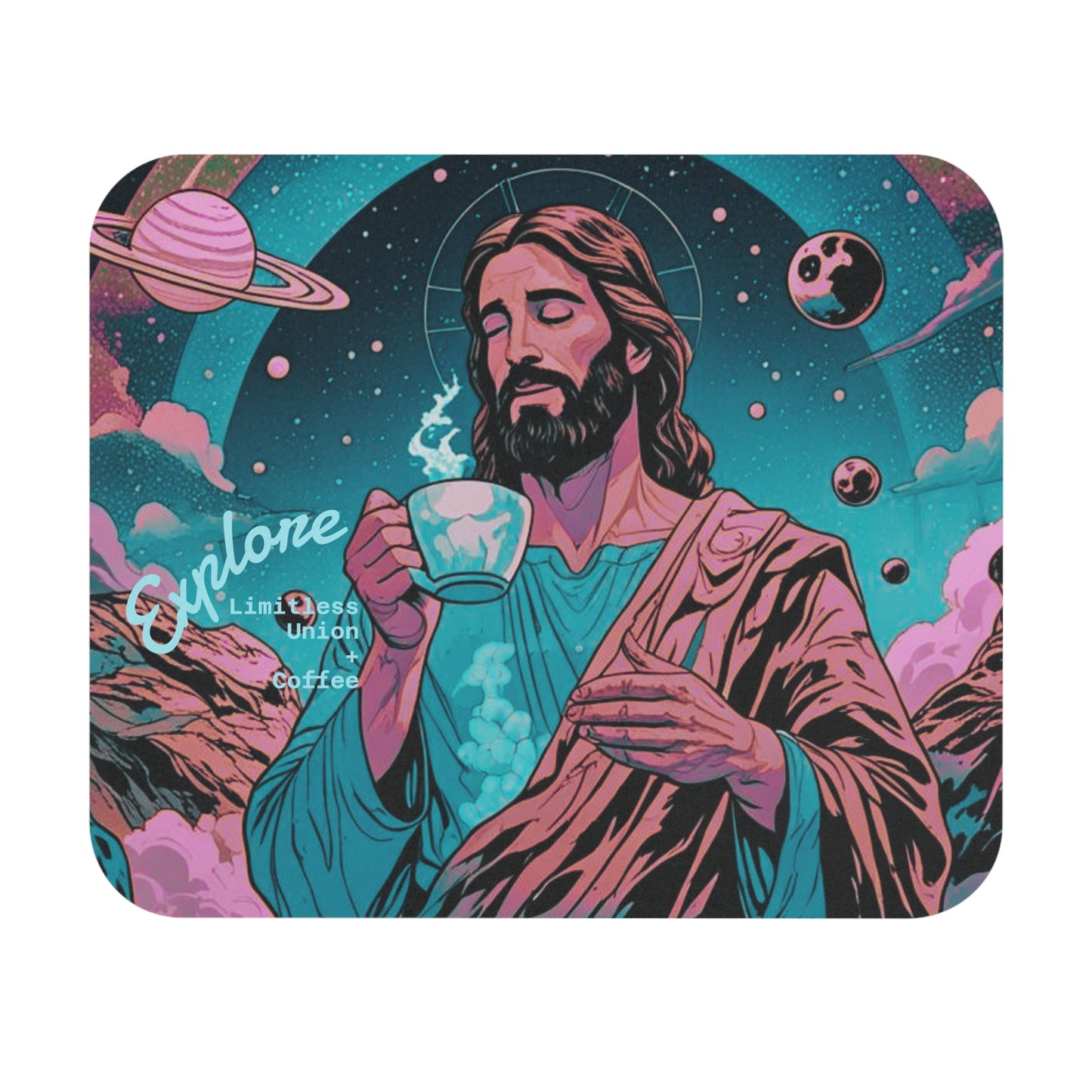 Cosmic Incarnate Coffee Mouse Pad — Retro Space Spirit Explorer Desktop Mat