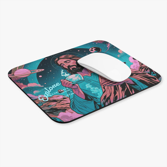 Cosmic Incarnate Coffee Mouse Pad — Retro Space Spirit Explorer Desktop Mat