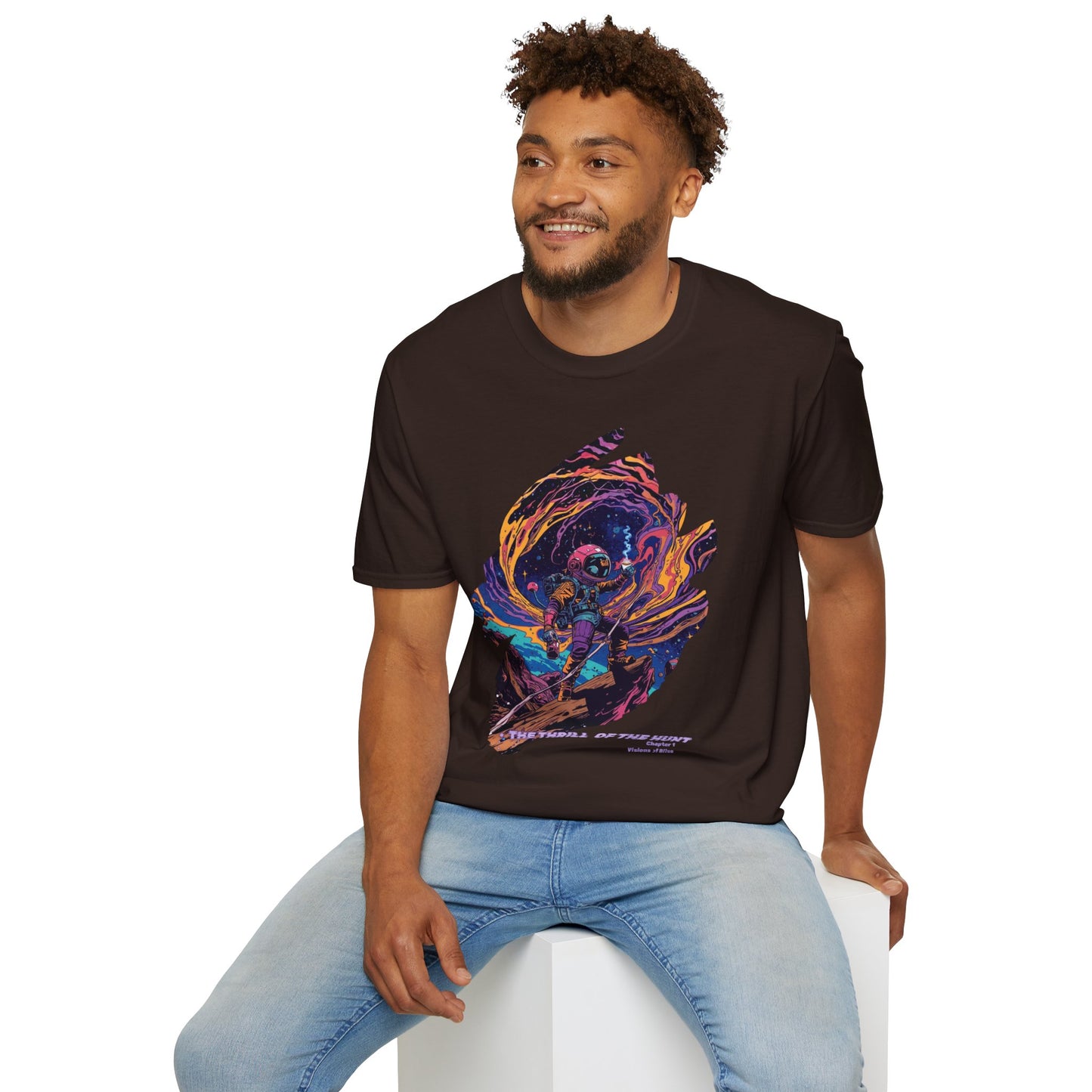 Astronaut Adventure T-Shirt — "Thrill of the Hunt" Neon Space Graphic