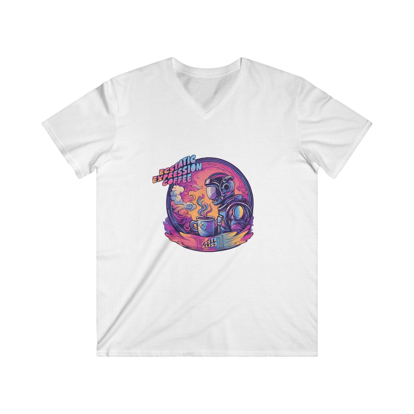 Astronaut Coffee Tee — Retro Cosmic Space Helmet V-Neck Shirt