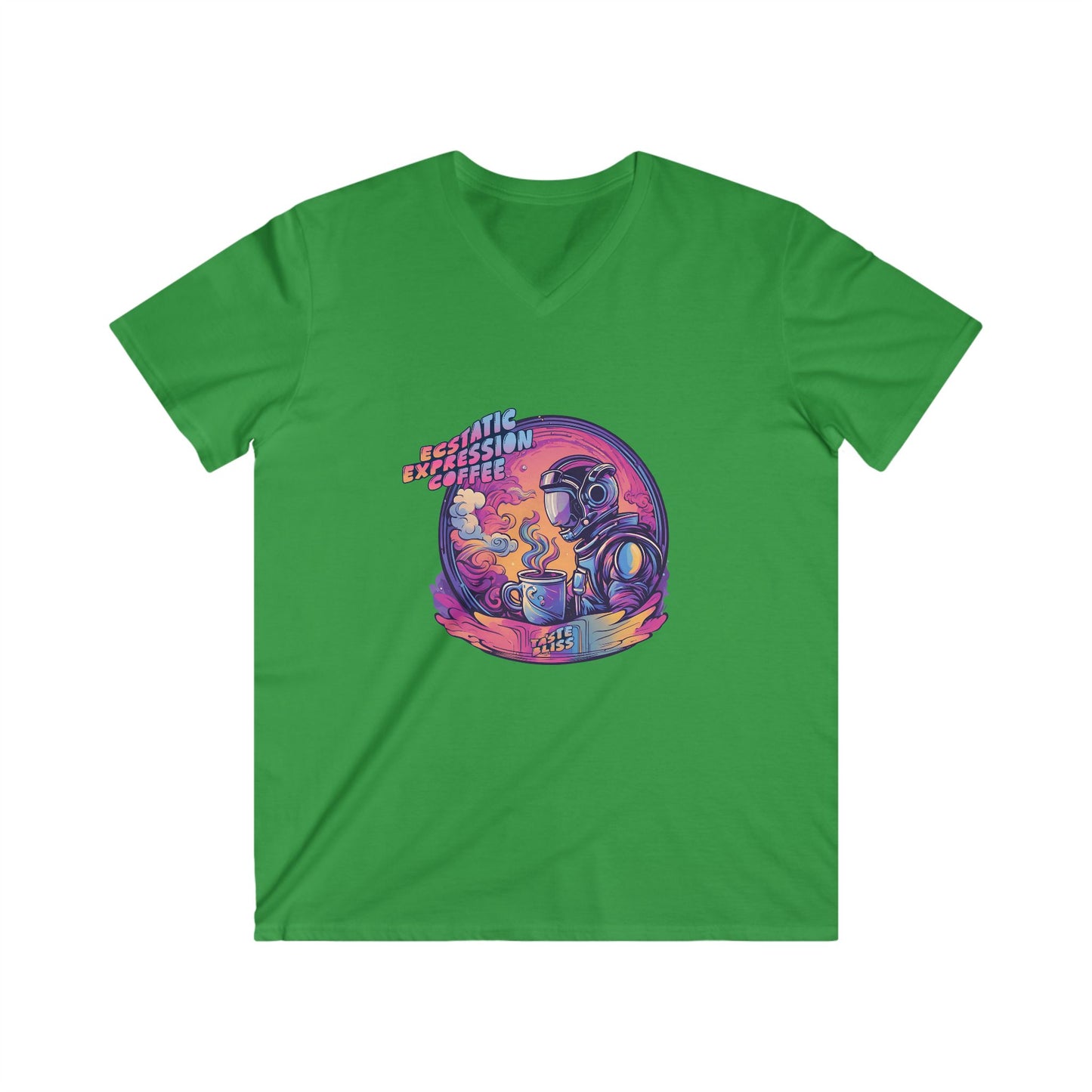Astronaut Coffee Tee — Retro Cosmic Space Helmet V-Neck Shirt