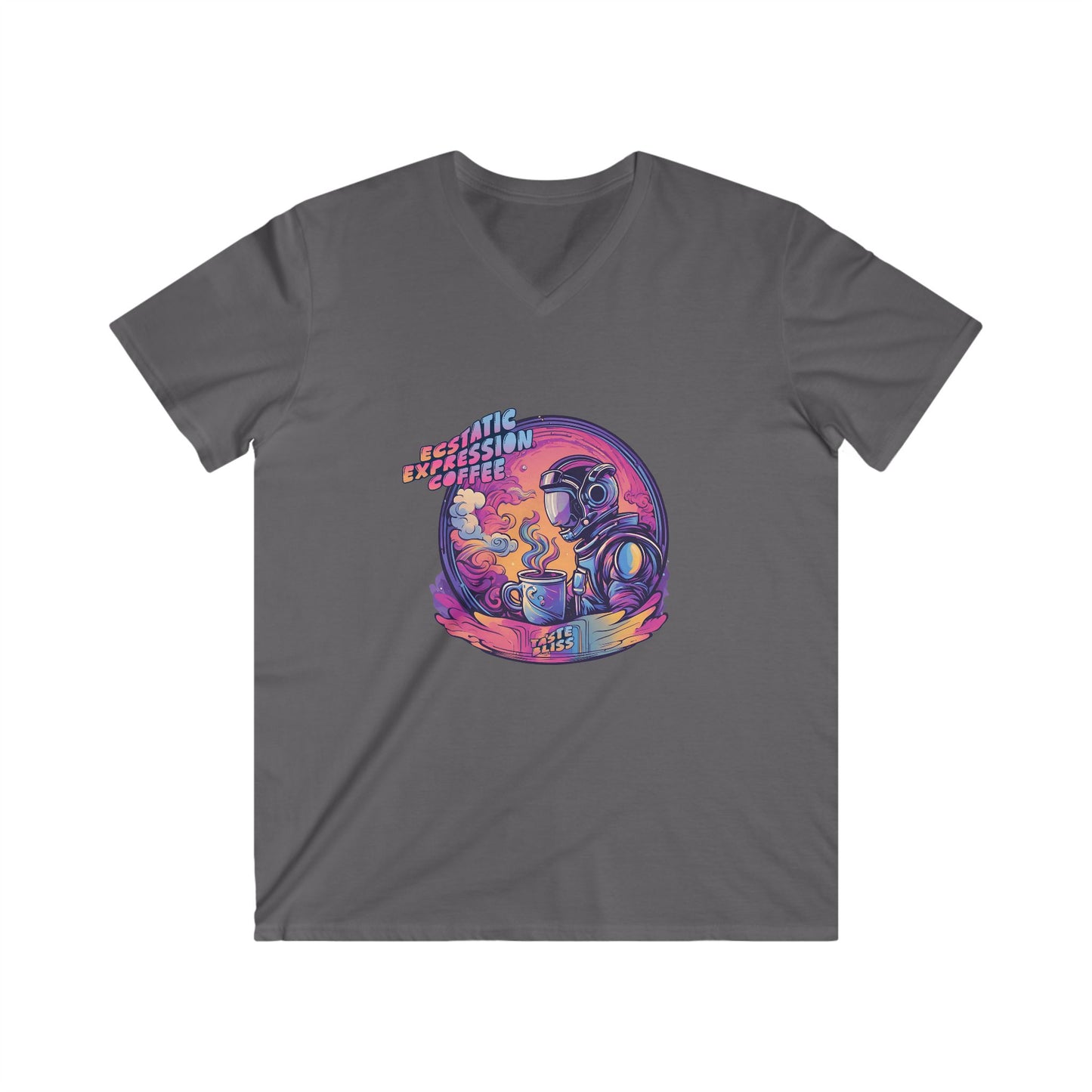 Astronaut Coffee Tee — Retro Cosmic Space Helmet V-Neck Shirt