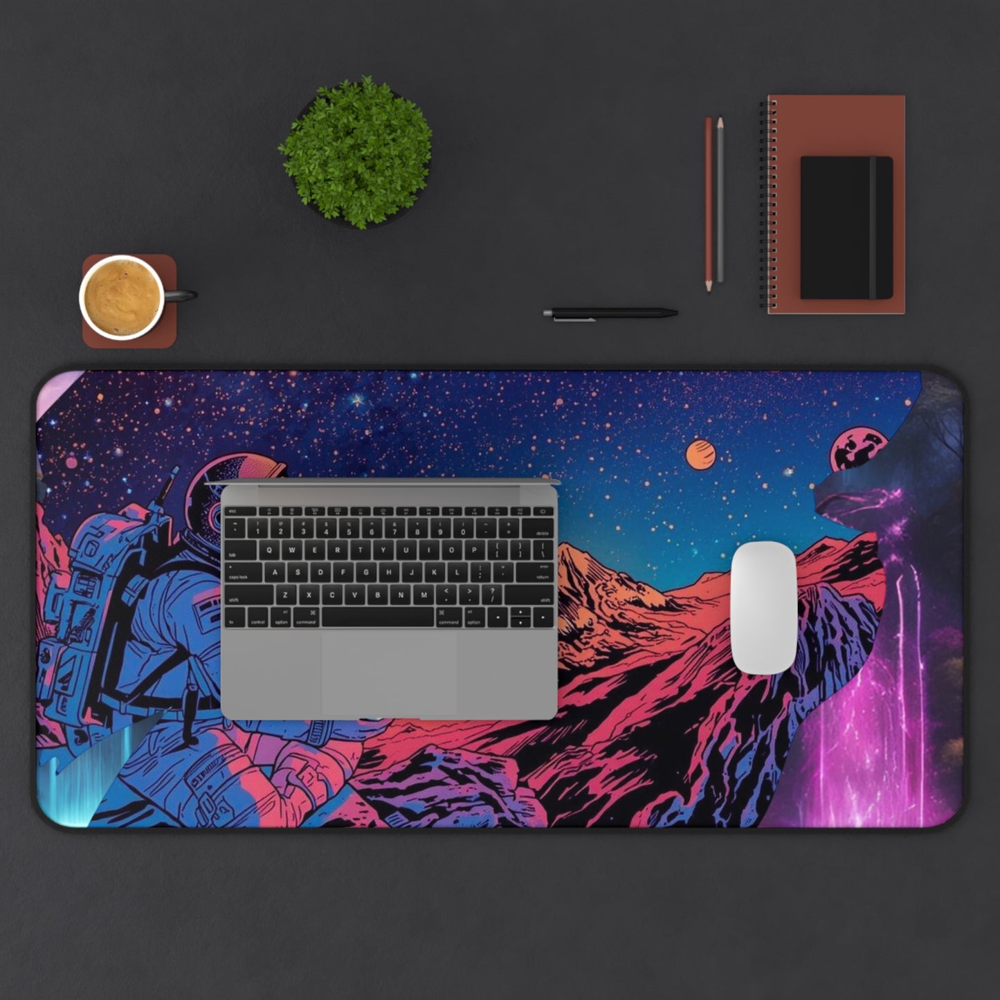 Cosmic Astronaut Desk Mat — Neon Space Landscape Mouse Pad