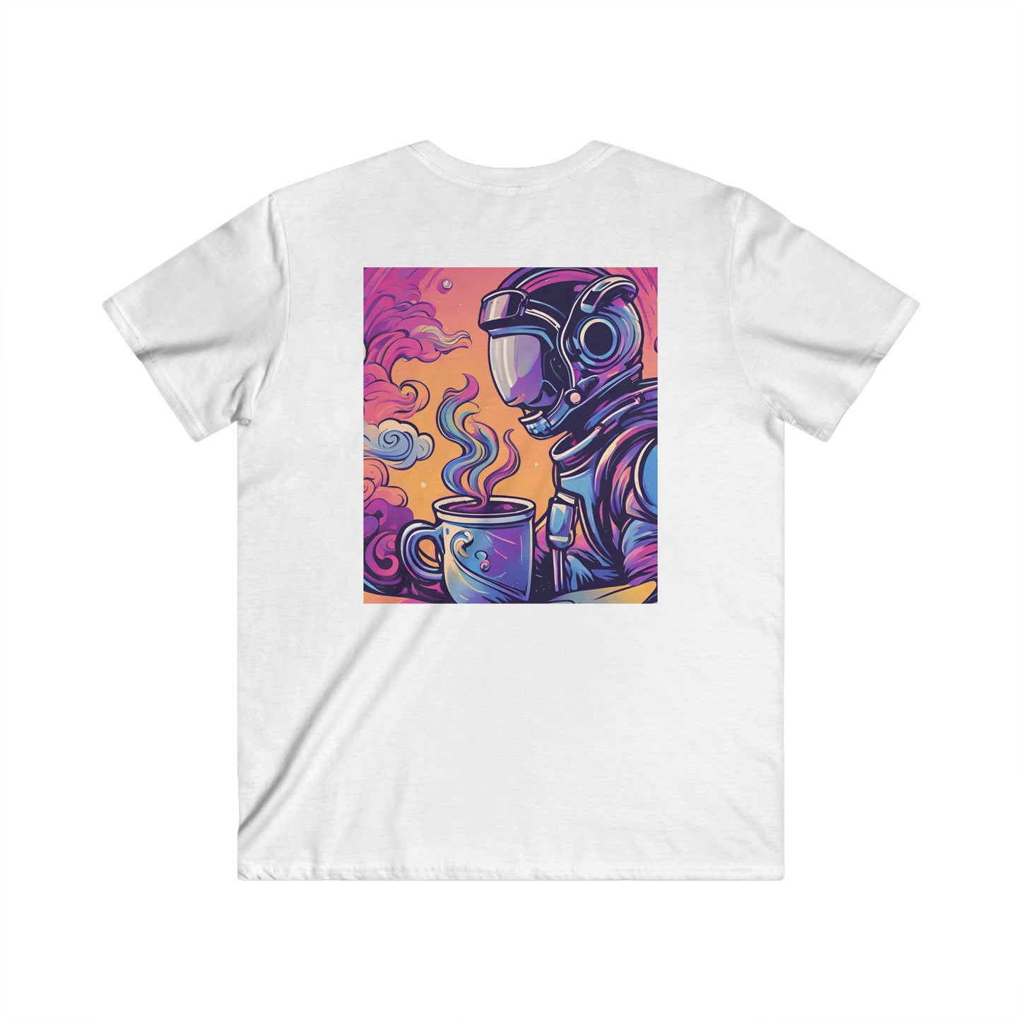 Astronaut Coffee Tee — Retro Cosmic Space Helmet V-Neck Shirt