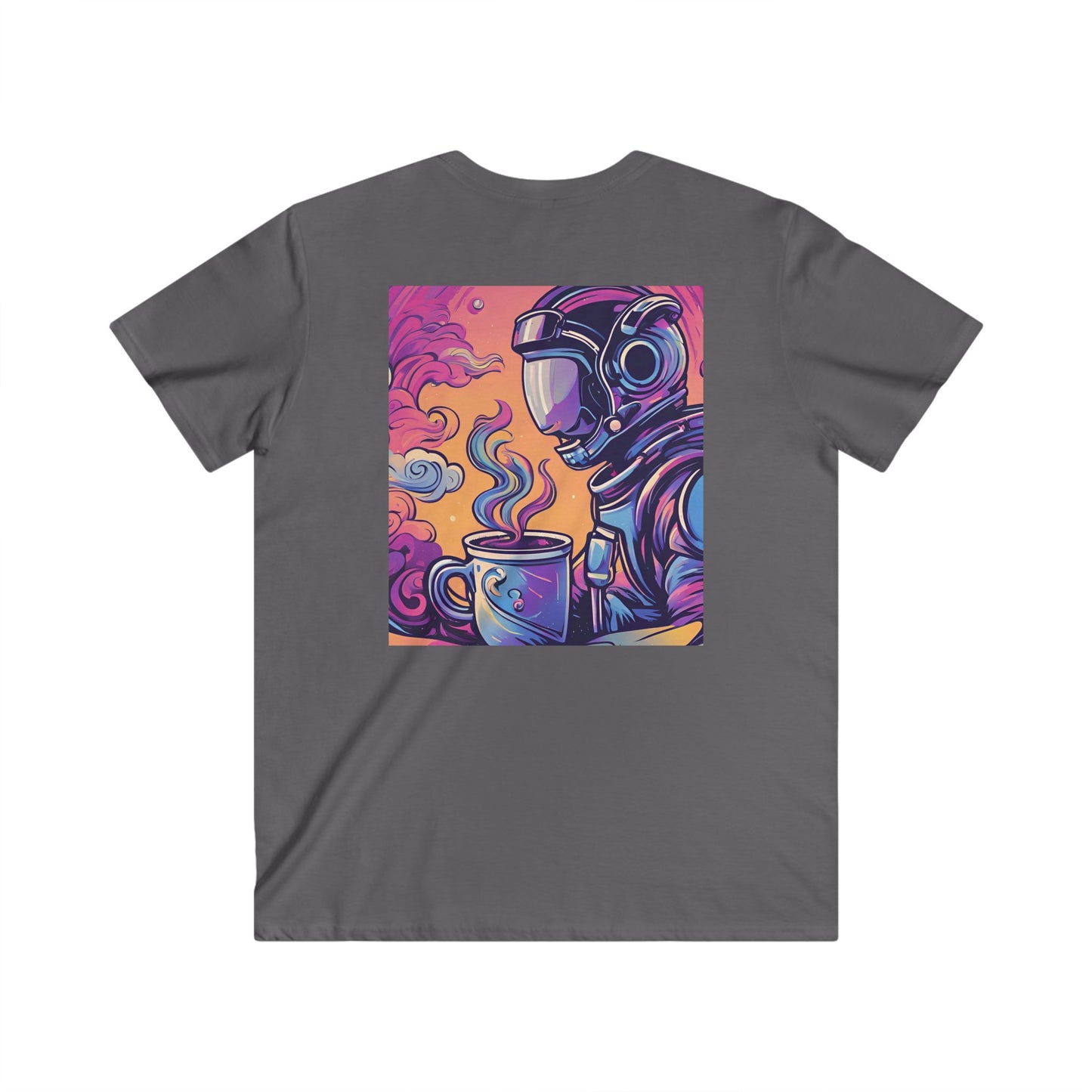 Astronaut Coffee Tee — Retro Cosmic Space Helmet V-Neck Shirt