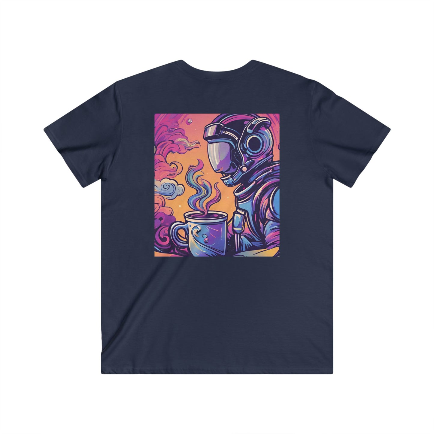Astronaut Coffee Tee — Retro Cosmic Space Helmet V-Neck Shirt