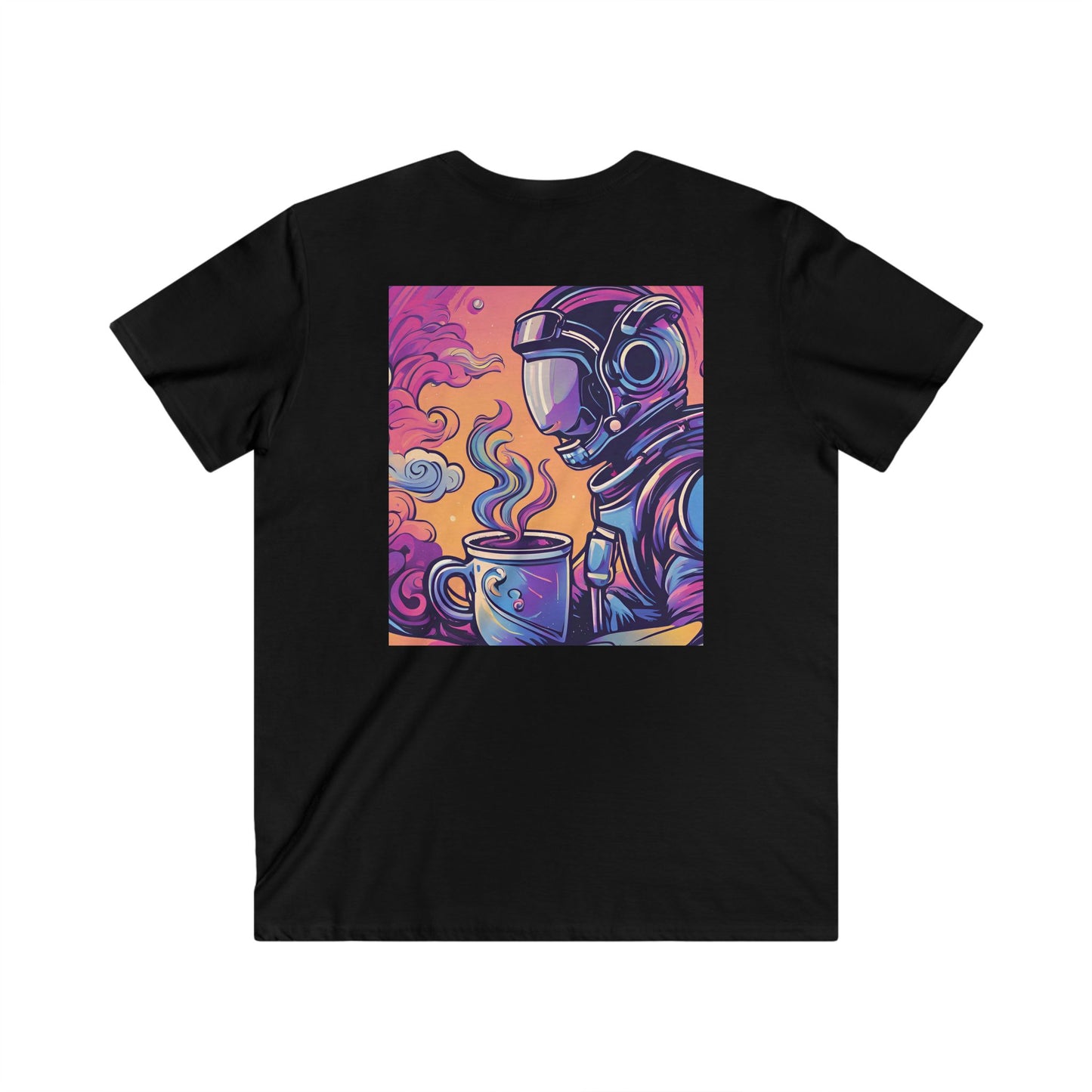 Astronaut Coffee Tee — Retro Cosmic Space Helmet V-Neck Shirt