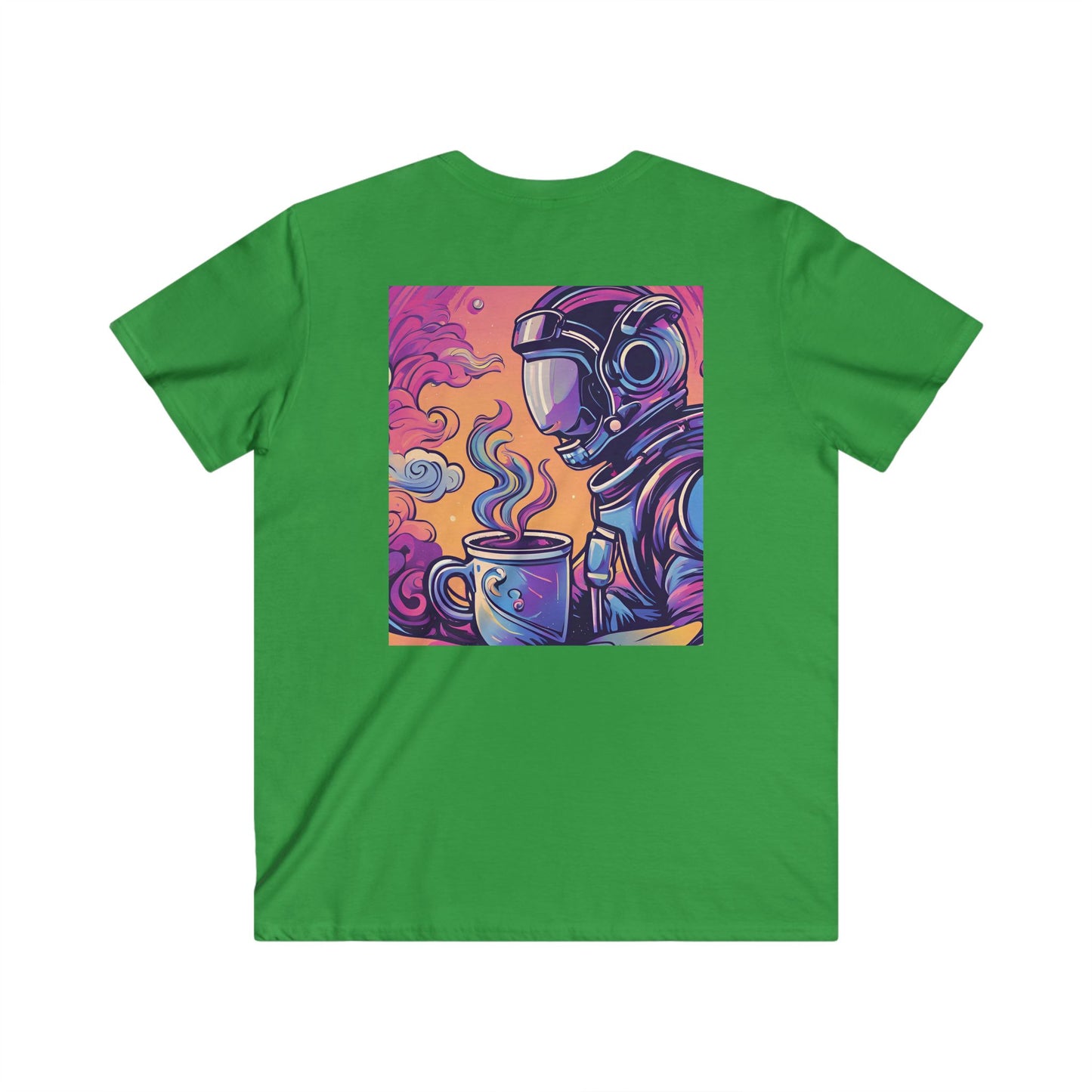 Astronaut Coffee Tee — Retro Cosmic Space Helmet V-Neck Shirt