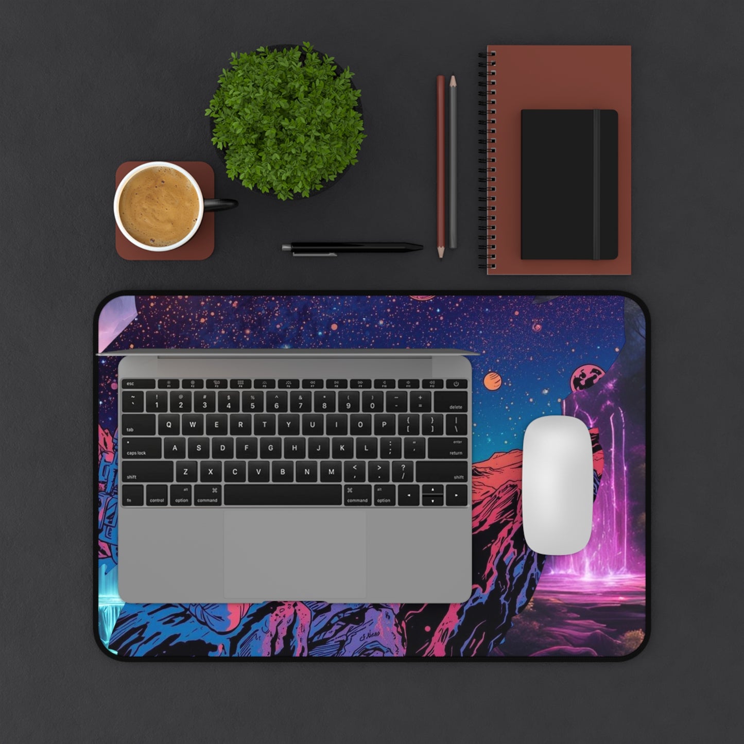 Cosmic Astronaut Desk Mat — Neon Space Landscape Mouse Pad