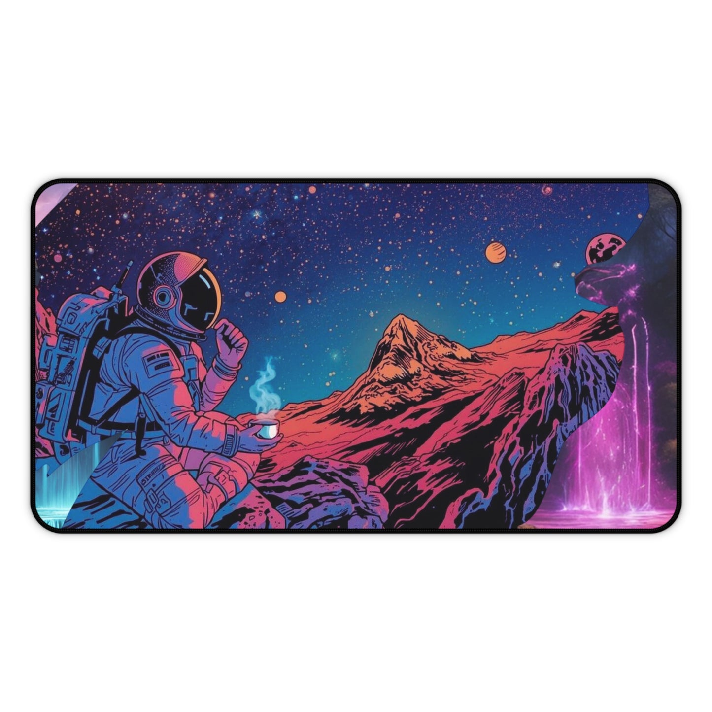 Cosmic Astronaut Desk Mat — Neon Space Landscape Mouse Pad