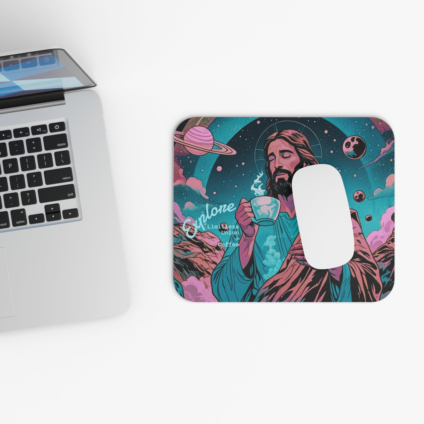 Cosmic Incarnate Coffee Mouse Pad — Retro Space Spirit Explorer Desktop Mat