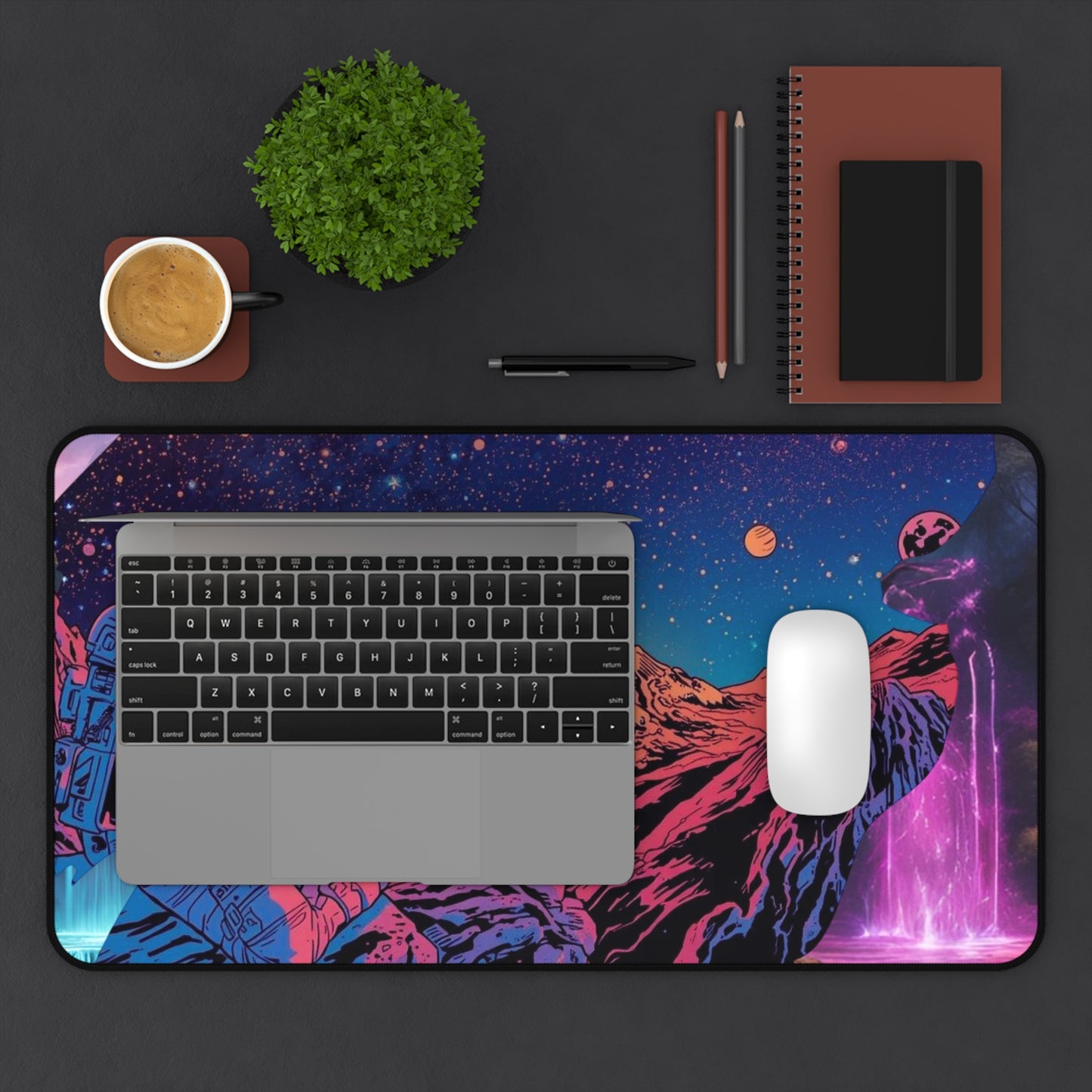 Cosmic Astronaut Desk Mat — Neon Space Landscape Mouse Pad